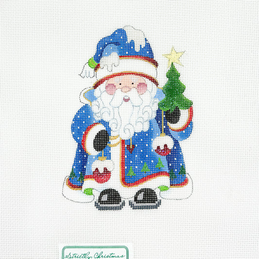Squatty Santa with Blue Coat Holding Ornaments