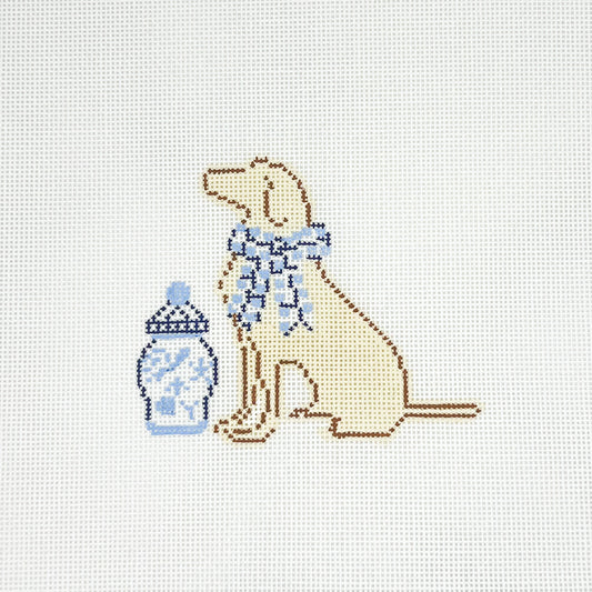 Dog with Ginger Jar and Blue Bow