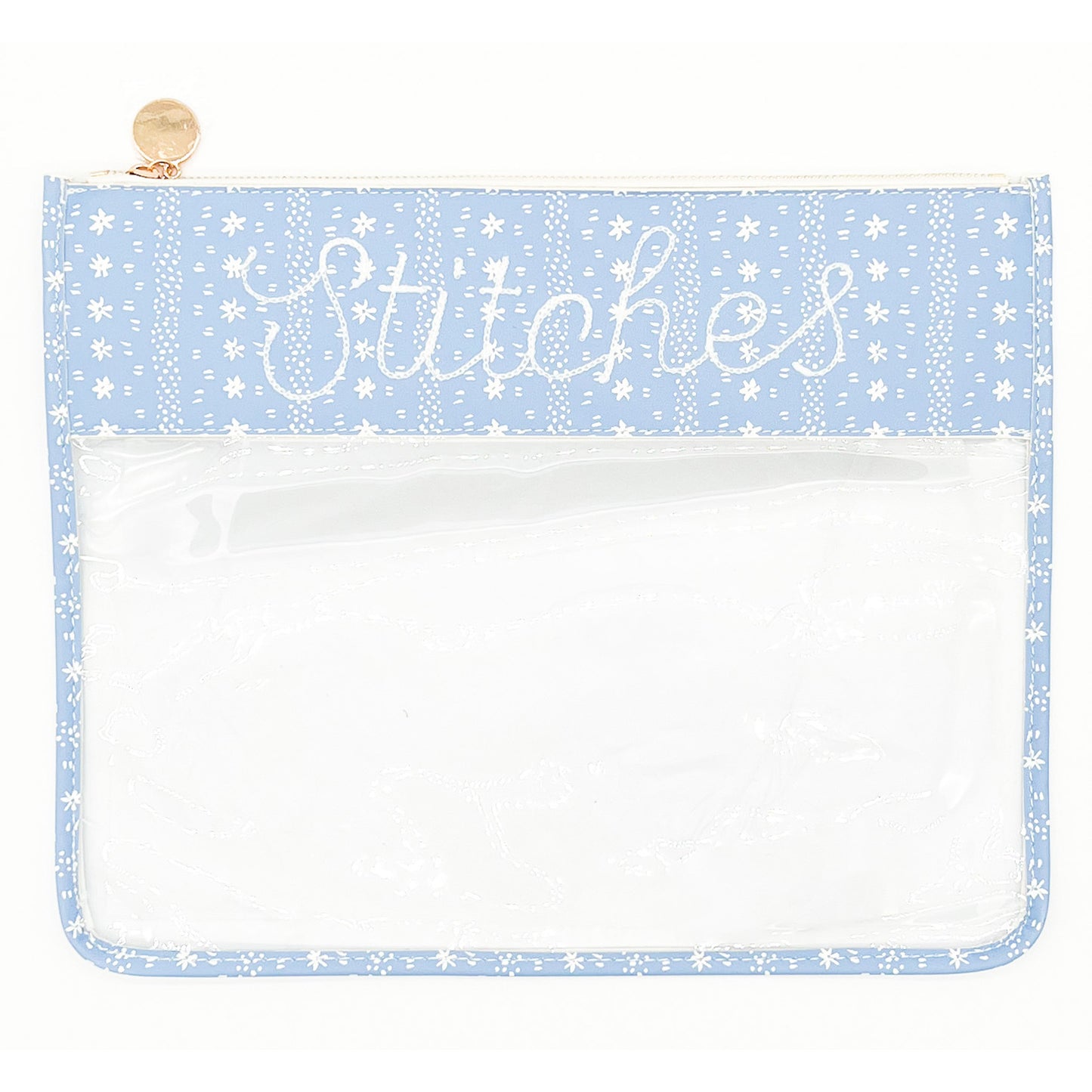 Large Blue Floral Trellis "Stitches" Clear Zip Pouch