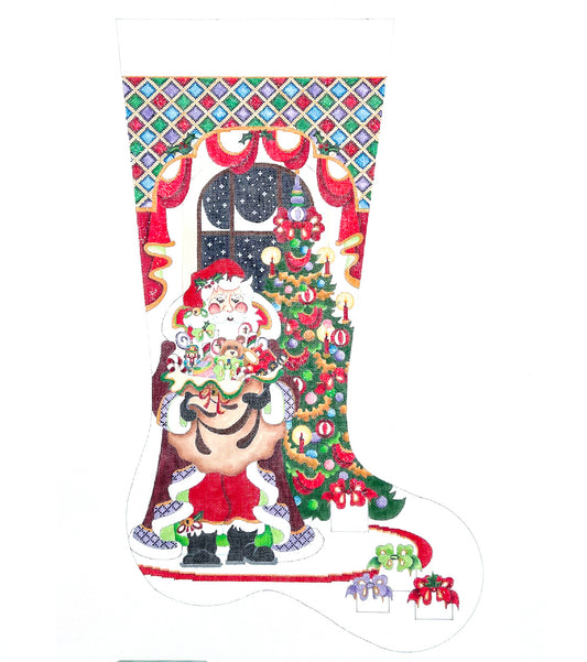 Santa with Toy Sack and Tree Full Size Stocking