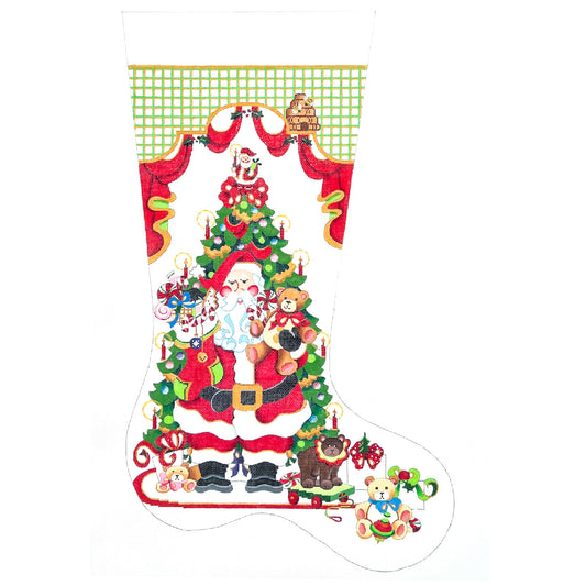 Santa in Front of Tree Holding Bear and Candles Full Size Stocking